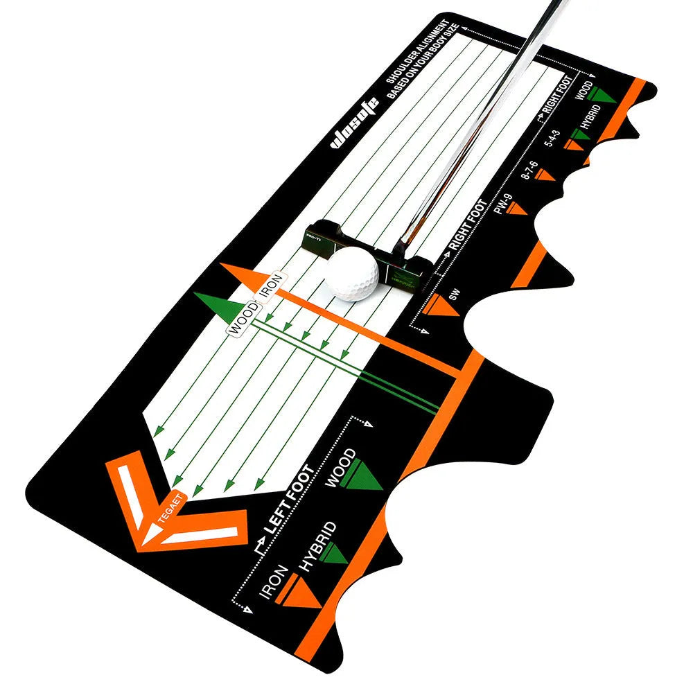 Black neoprene golf swing standing posture auxiliary pad measuring 22.5cm x 10cm for correcting stance and alignment