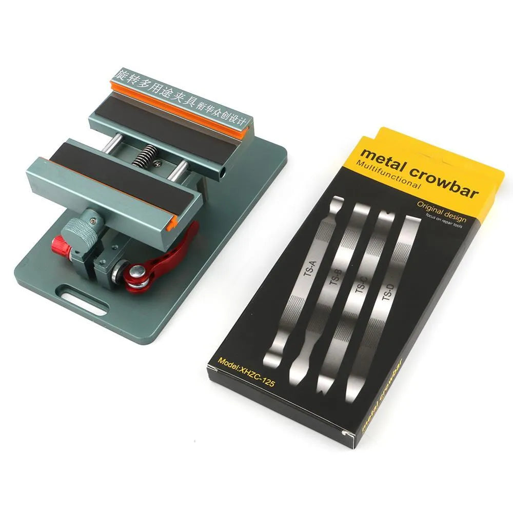 Adjustable mobile phone disassembly fixture with silicone protective grips and a prying crowbar tool