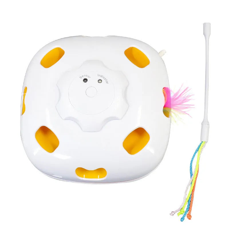 Plastic cat teaser wand toy in picture colour, dimensions 19.8cm x 11.5cm x 19.5cm.