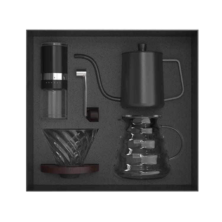 Heat-resistant glass pour-over coffee set with coffeepot and filter cup, available as 4-piece or 6-piece set