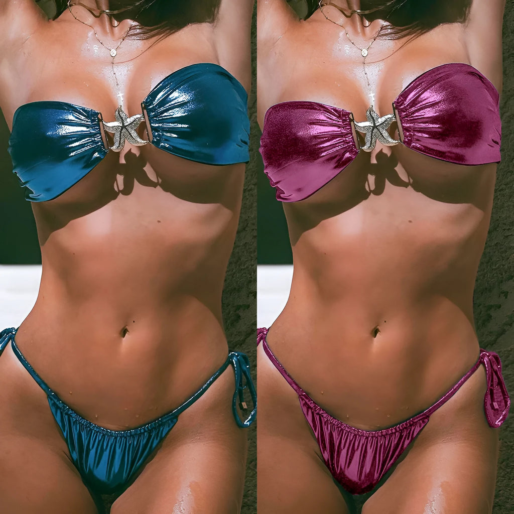 Blue glossy tube top bikini set with gold starfish detail and backless briefs