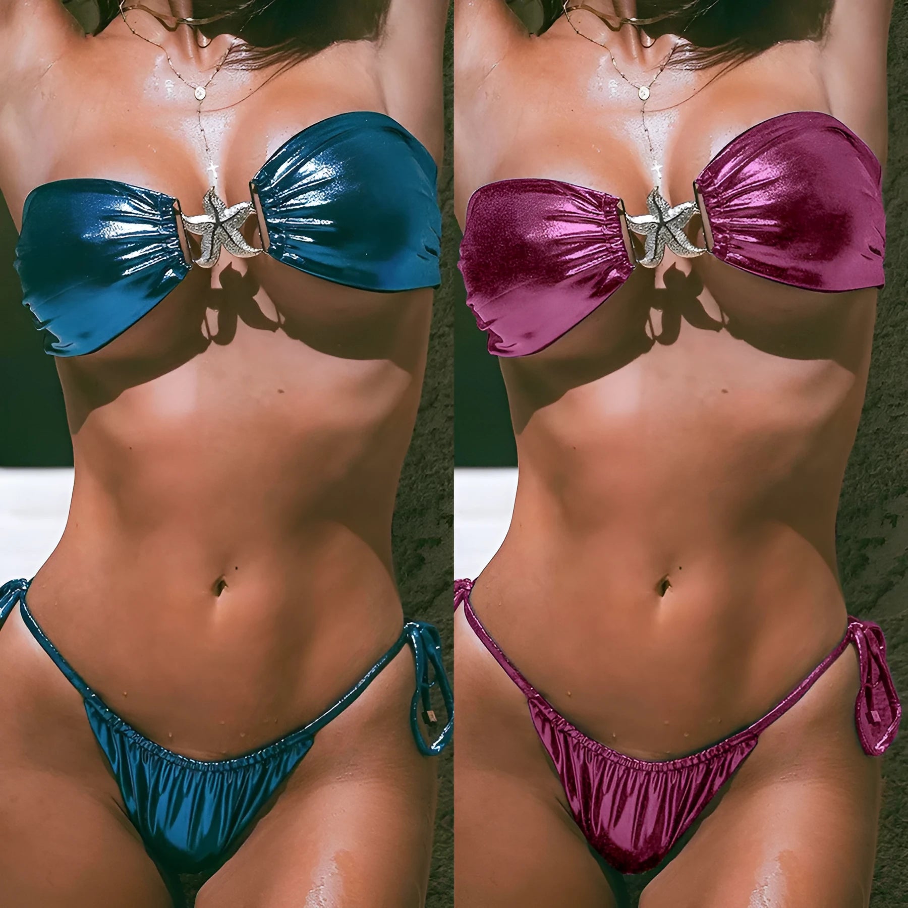 Blue glossy tube top bikini set with gold starfish detail and backless briefs