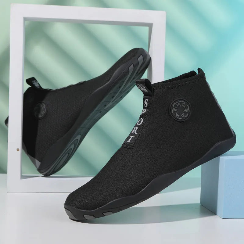 Mid-top quick-dry mesh beach shoe with non-slip rubber sole in black and fluorescent green.