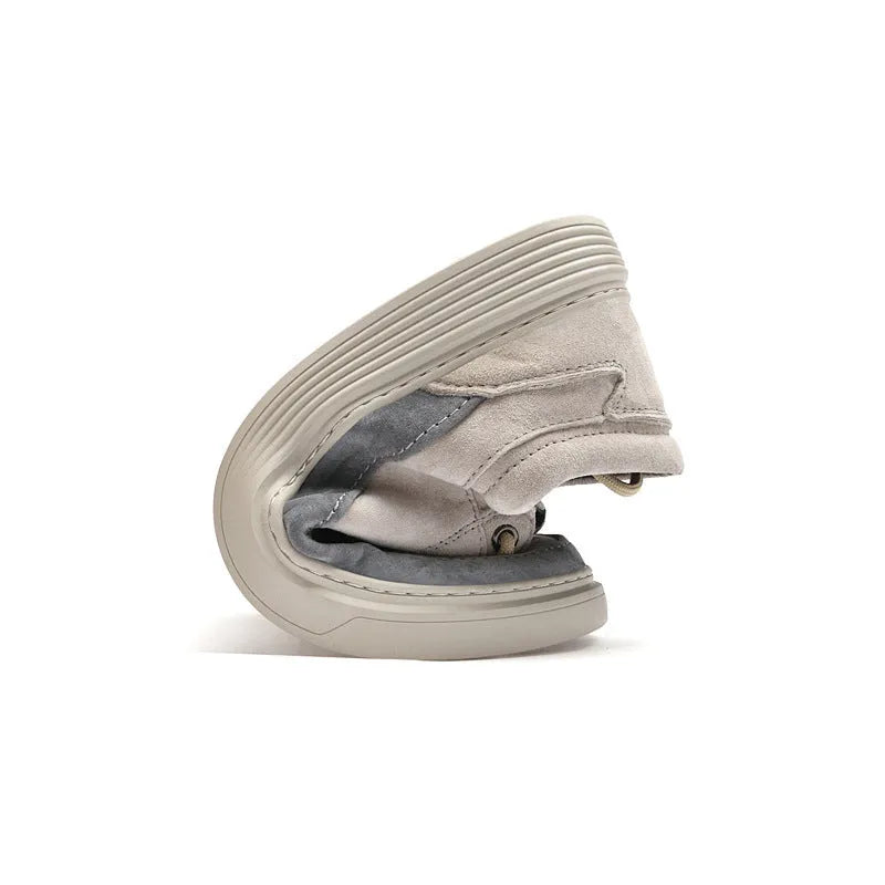 Men's grey casual leather skate shoes with rubber sole and round toe design