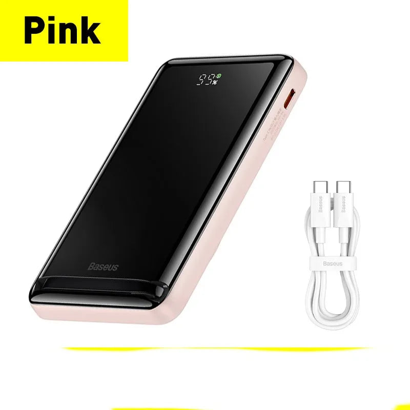 Slim magnetic wireless power bank with USB port in blue, pink, or white colour