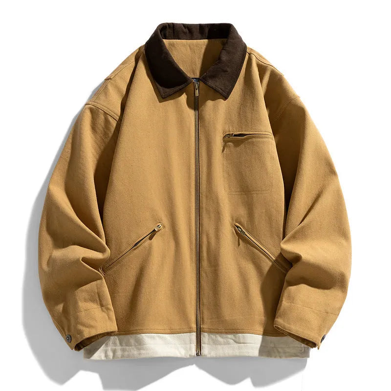 Men's retro workwear jacket with contrast lapels in loose autumn style