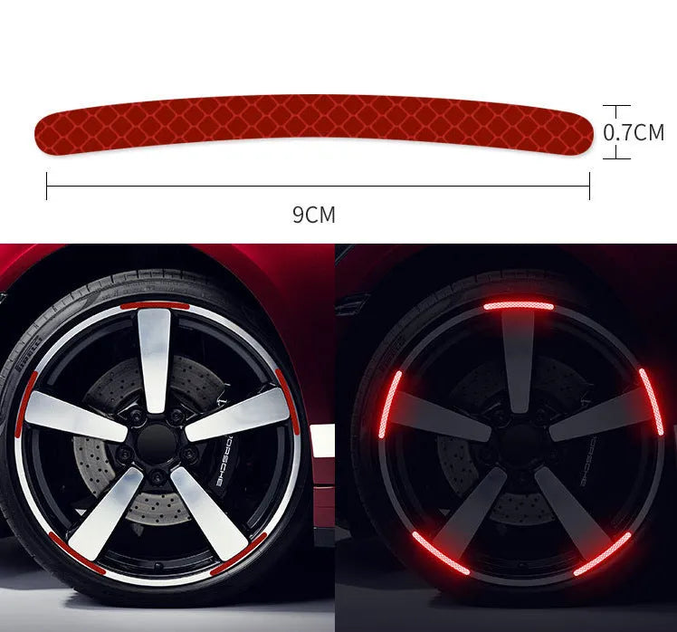 Pack of 20 arc-shaped reflective PVC stickers for car wheel hubs in various fluorescent and metallic colours
