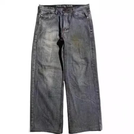 Men's grey wide-leg jeans with straight cut and retro washed-out denim finish