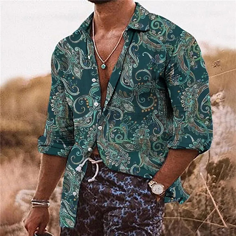 Man wearing a loose-fit long-sleeved shirt with a colourful 3D digital printed flower pattern.