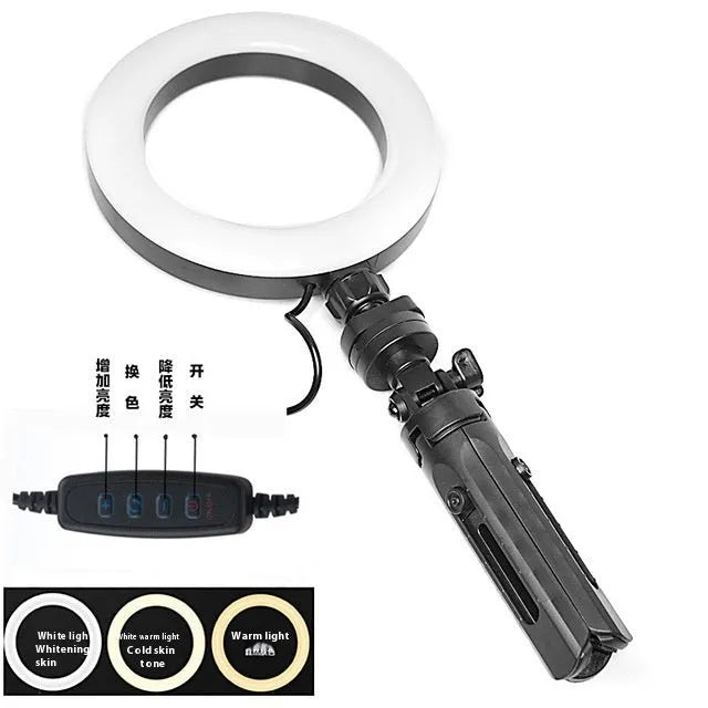 Black universal mobile phone selfie bracket with adjustable colour fill light on a desktop tripod.