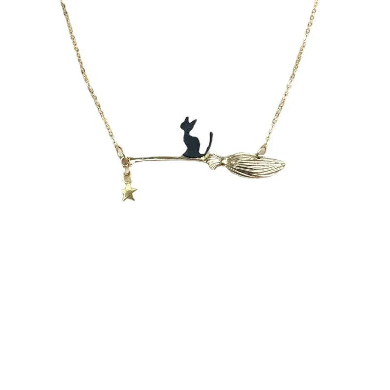 Black cat alloy pendant necklace with totem detailing in gold or silver finish