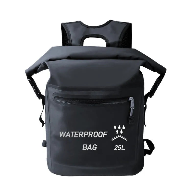 Black 25L waterproof backpack for outdoor water activities