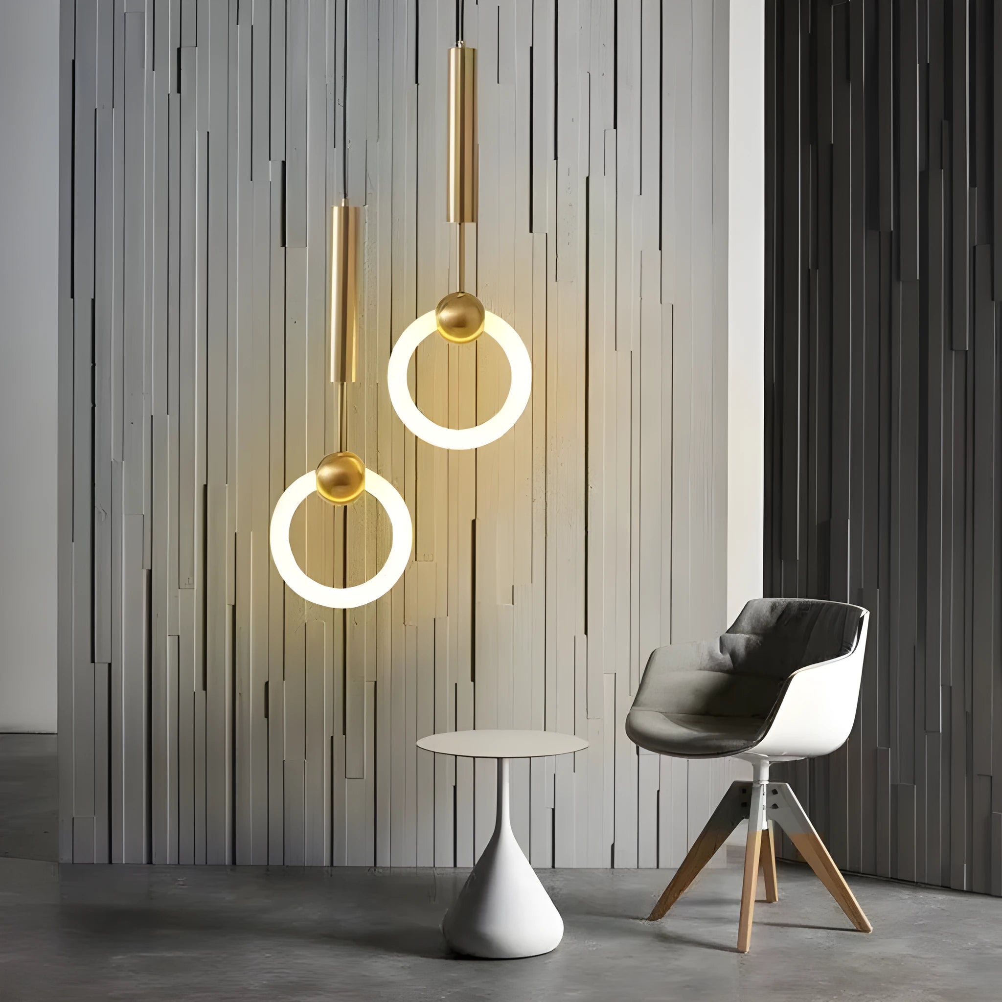 Nordic minimalist U-shaped metal bedside pendant light on a dark background.
