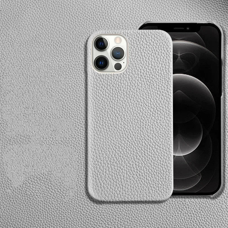 Brown genuine leather iPhone case with half-split design on iPhone 14 Pro