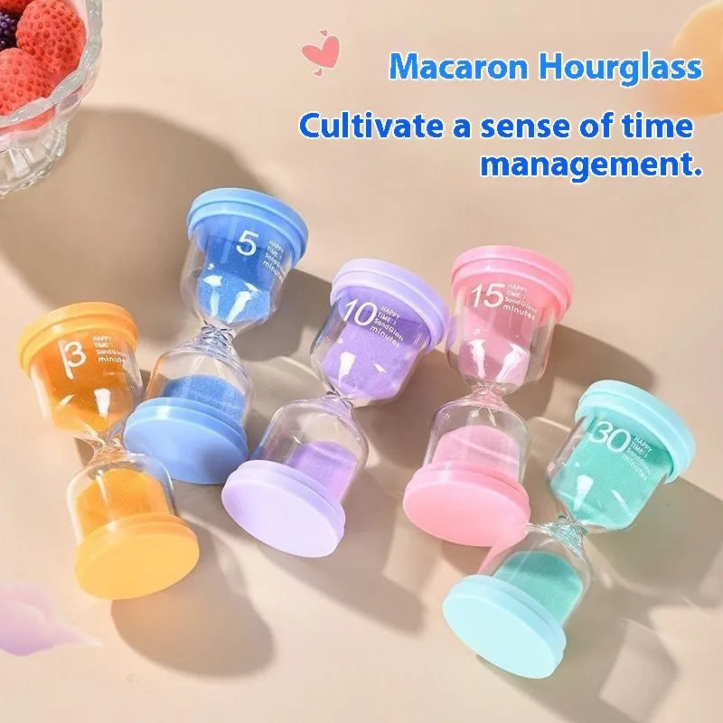 Glass sand timer with coloured sand in modern design showing timing duration options