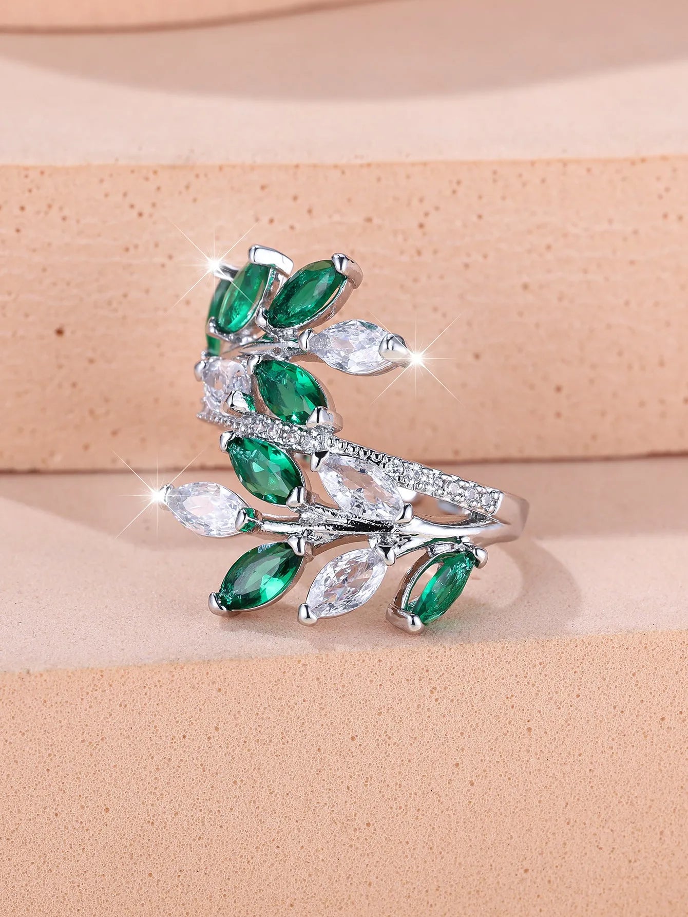 Adjustable copper leaf ring with zircon accents in multiple colour finishes including platinum white and rose gold