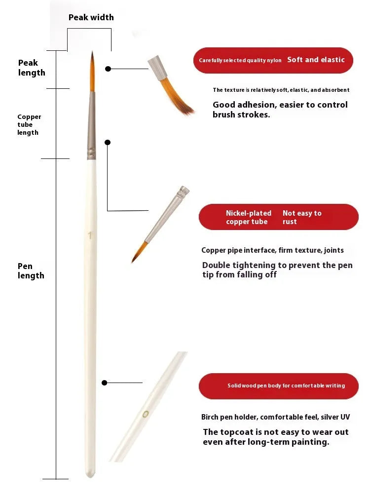 12 Pearl White artist brushes with nylon wool bristles and solid wood handles arranged by size.