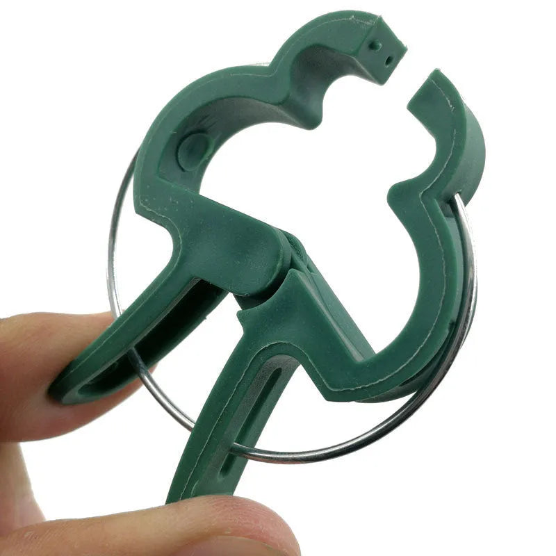 Green plastic and zinc plant fixing clips in large and small sizes for tomatoes and climbing plants