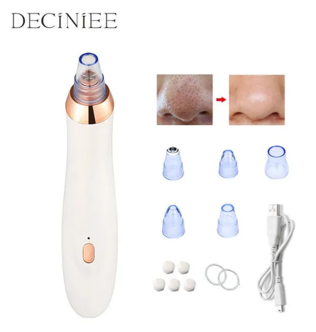 Black, gold, red, or white electric blackhead remover device with nozzle attachments on a white background.