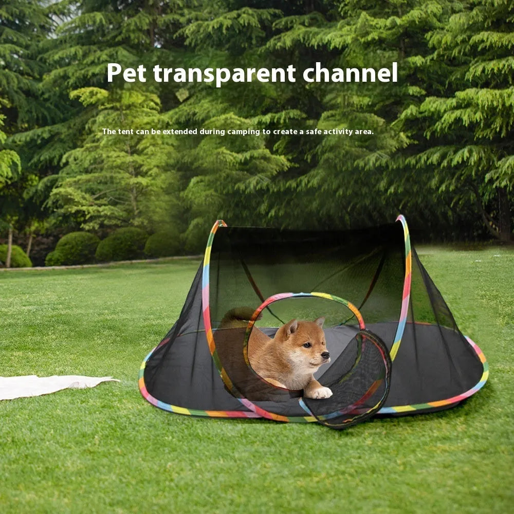 Foldable mesh cat roll cage pet toy in one of five geometric shapes: hexagonal, long straight, square, tee, or tent.