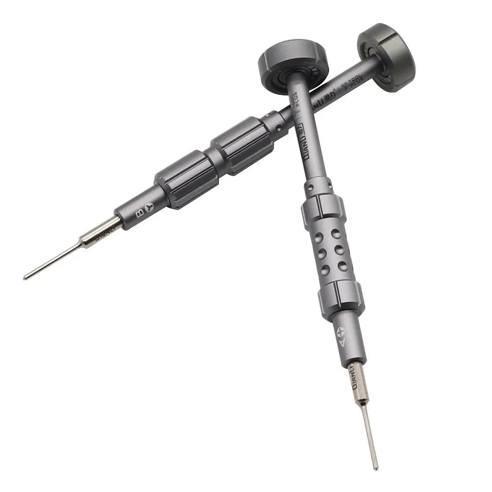 Precision screwdriver with grenade-shaped aluminium handle and five interchangeable heads for iPhone repair