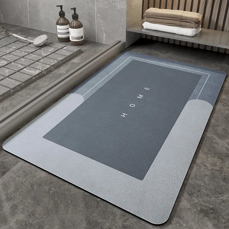 Blended fabric bathroom floor mat in blue colour, rectangular shape, on a tiled floor.