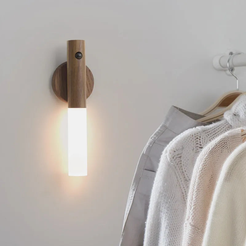 Compact smart sensor LED desk lamp with solid wood base and organic glass panel in coffee colour.