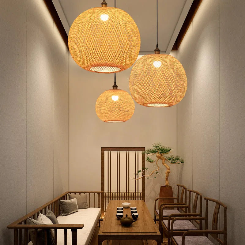 Pastoral style Zen tea room chandelier with multiple lamp holder diameter options on a white ceiling.