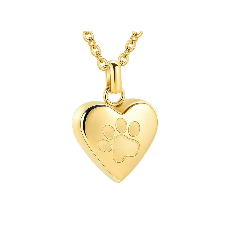 Openable heart-shaped paw print casket necklace in titanium steel on a chain.