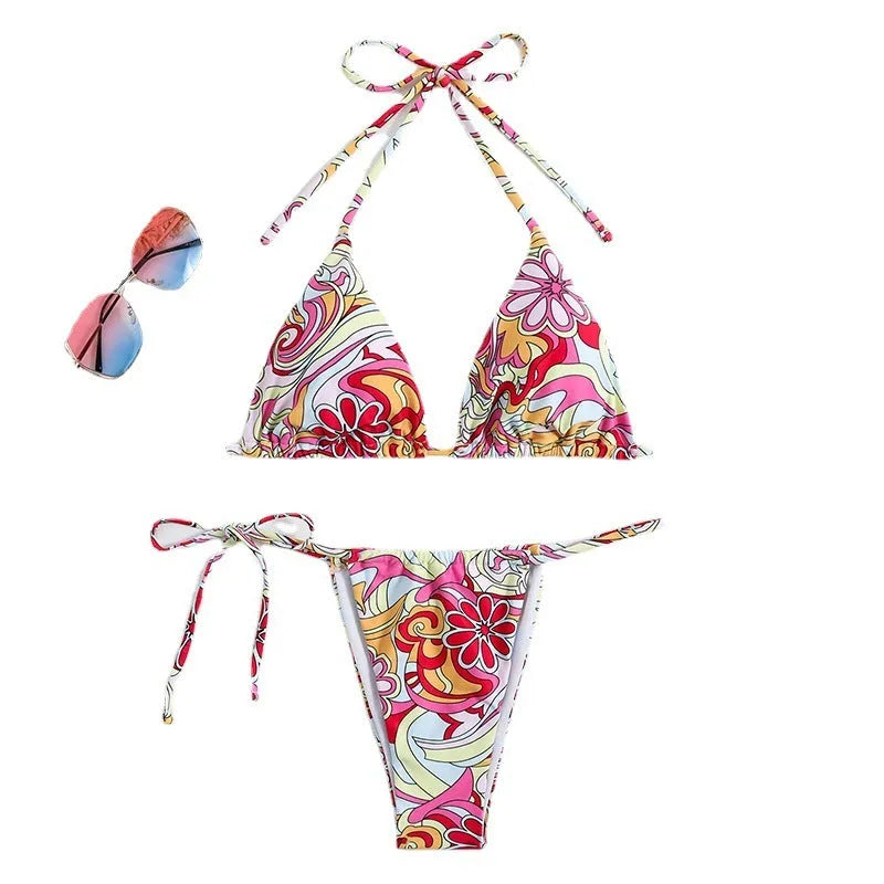 Women's triangle printed bikini with separate pieces and hanging neck design in multicolour pattern