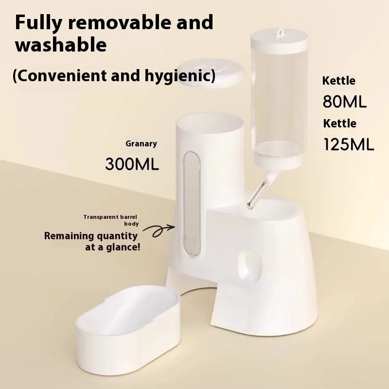 White, blue, and pink hamster automatic water feeder and food basin for cage.
