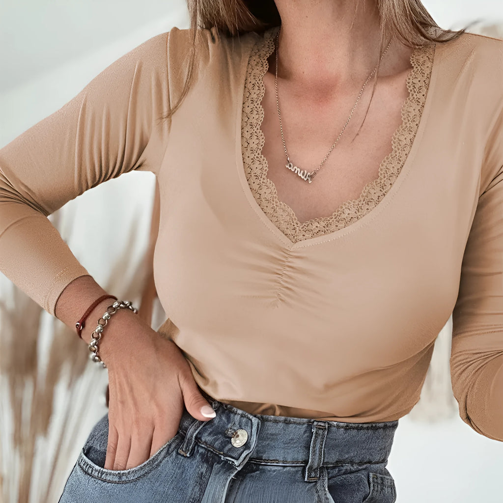 Women's solid colour long sleeve casual top with lace trim in red or skin tone, slim fit pullover style