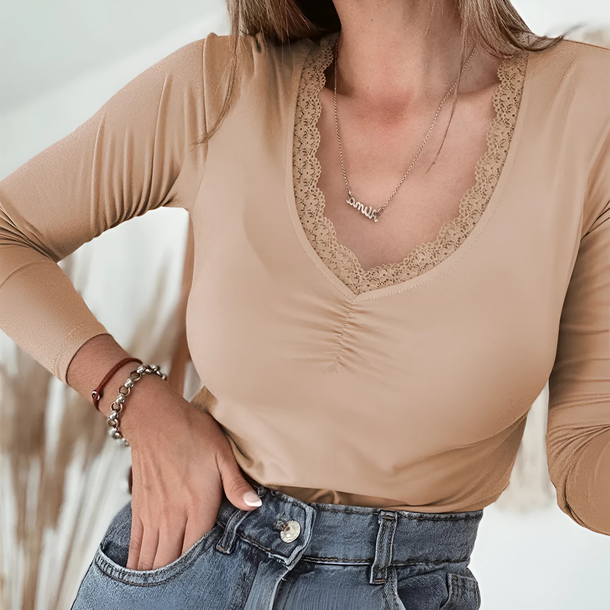 Women's solid colour long sleeve casual top with lace trim in red or skin tone, slim fit pullover style