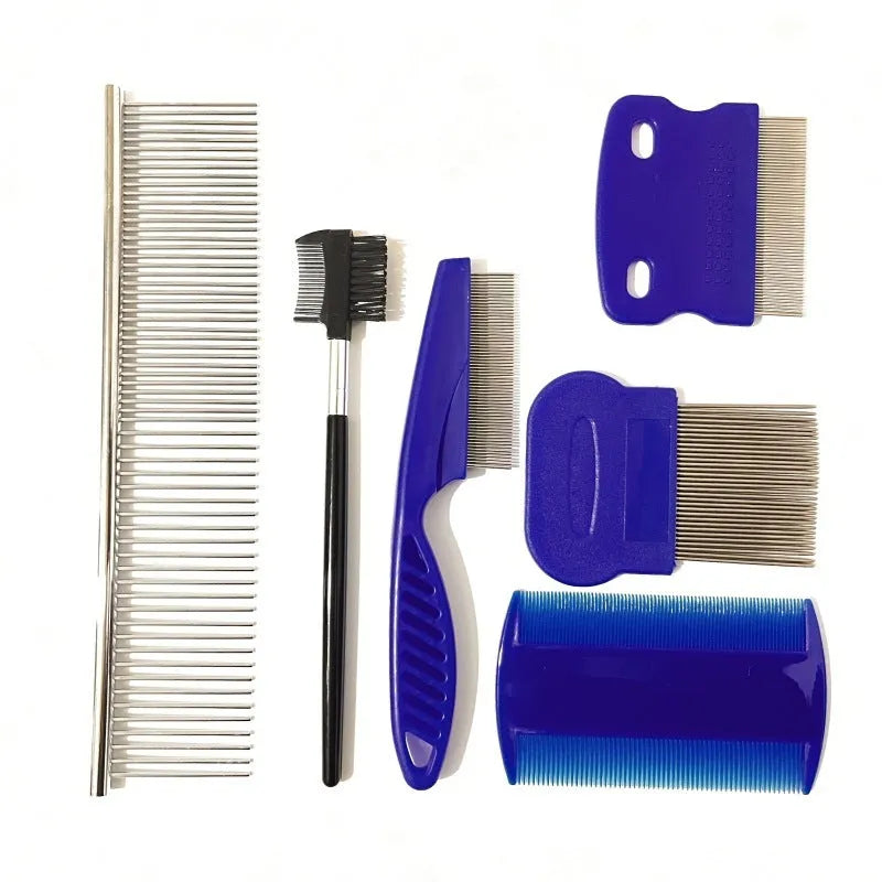 Blue stainless steel dense gear pet flea comb, 4-piece set with large comb 64G or small comb 54G.