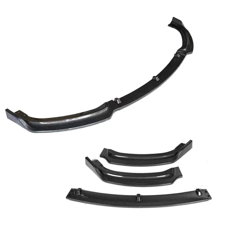 Bright black polypropylene front bumper lip for BMW F30 F35 3 Series showing 3-piece construction