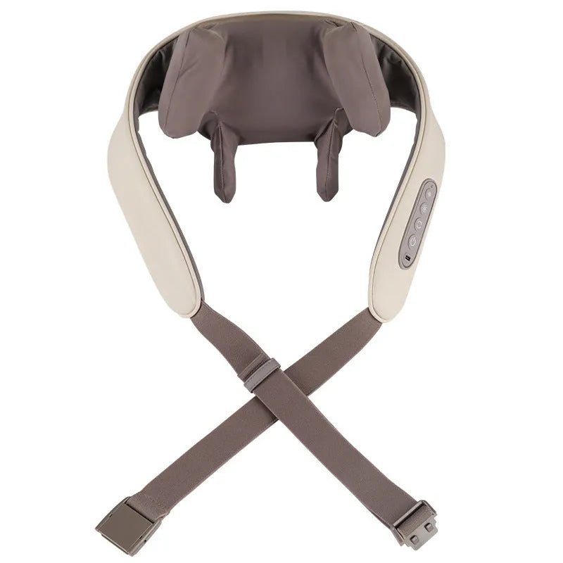 Milky white rechargeable shoulder and neck kneading massager on a plain background.