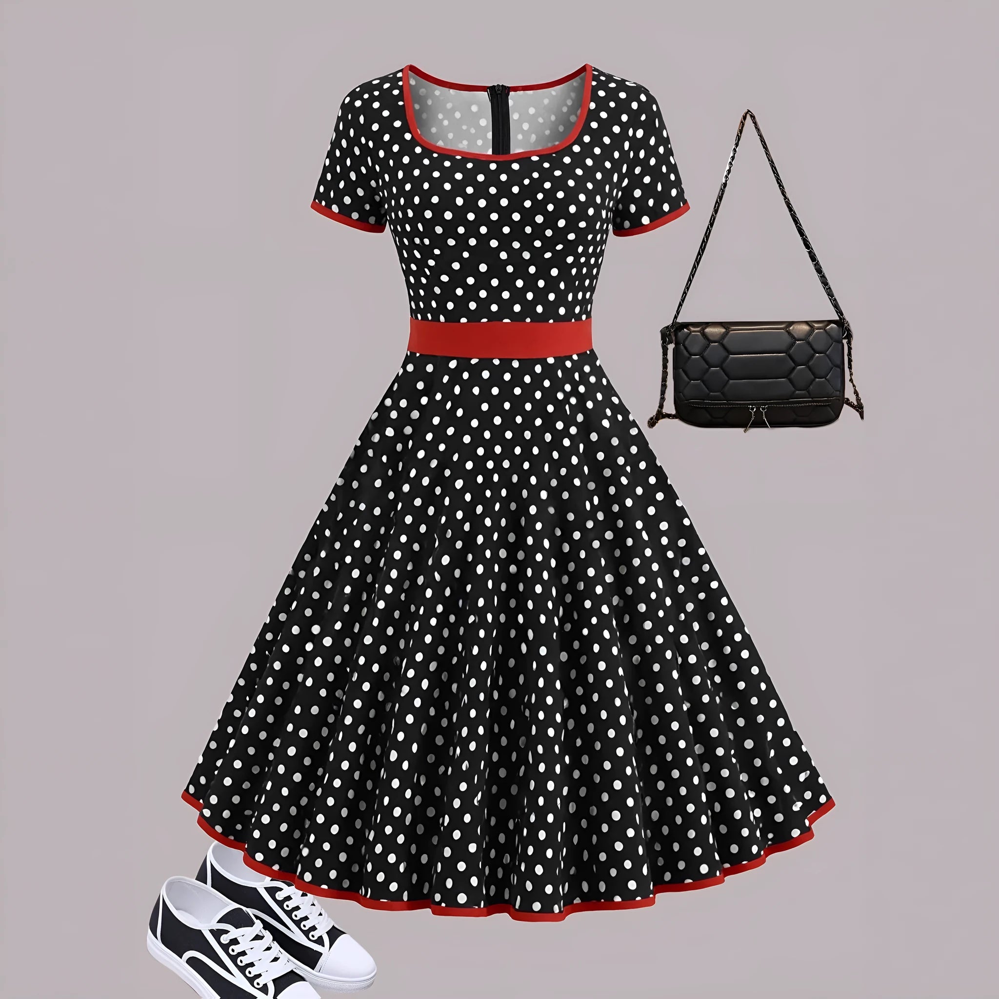 Women's multicolour polka dot dress with square collar, short sleeves, front zipper, and pleated A-line skirt.