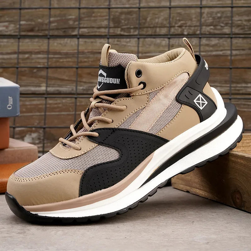 Black steel toe cap safety work boots with lace-up front and rubber anti-penetration sole