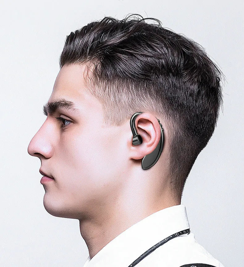 Wireless TWS stereo headset in black with charging case, featuring touch controls and fast charge capability.