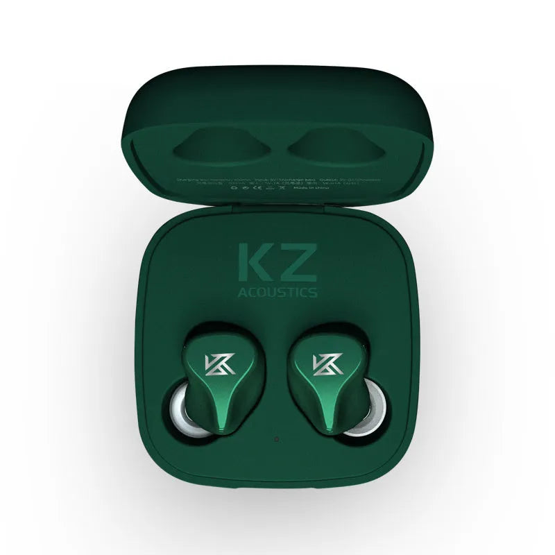 Black and green Z1 true wireless Bluetooth in-ear headphones with no connecting wire, shown on a white background.
