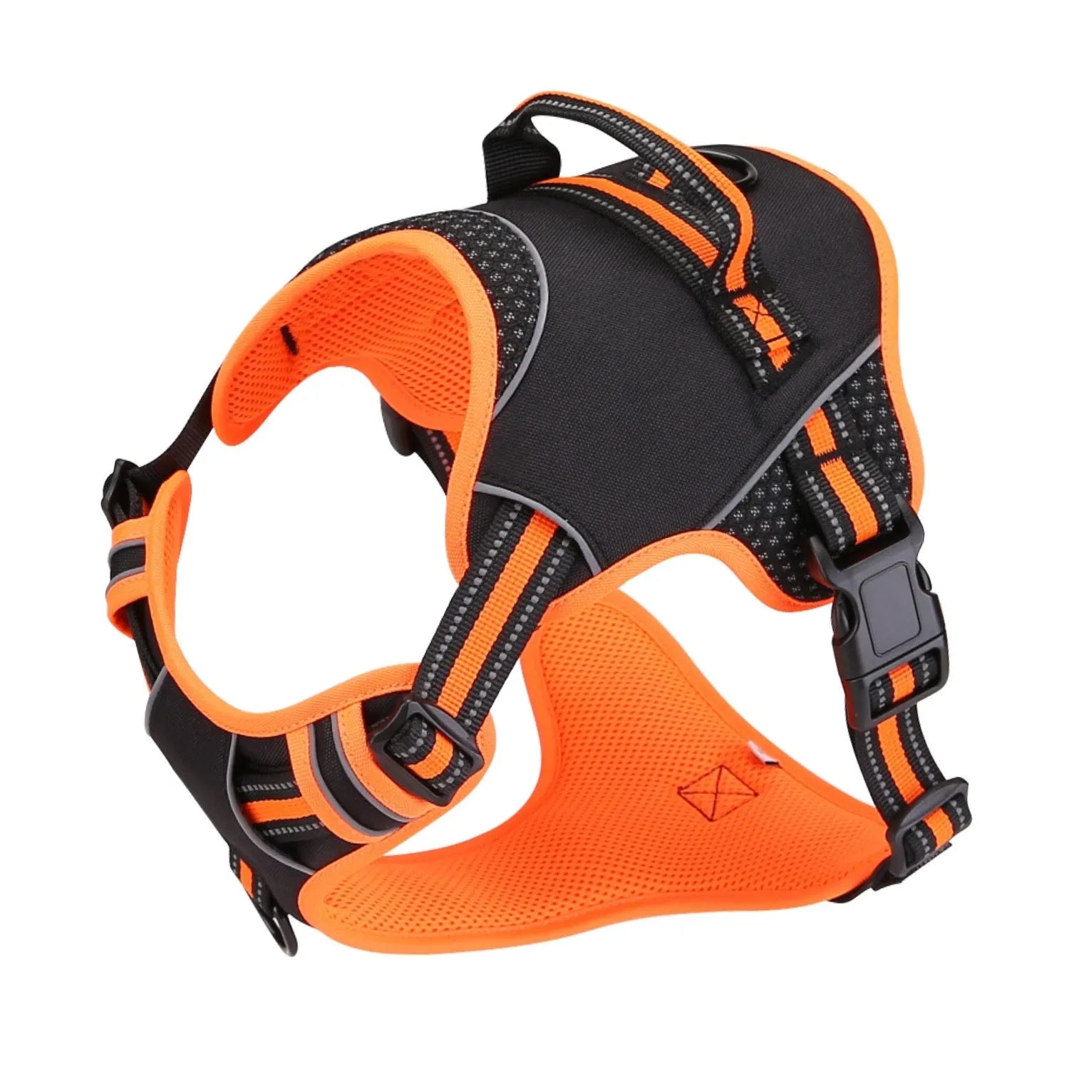 Orange anti-breaking dog harness with polyester traction strap for outdoor walking.