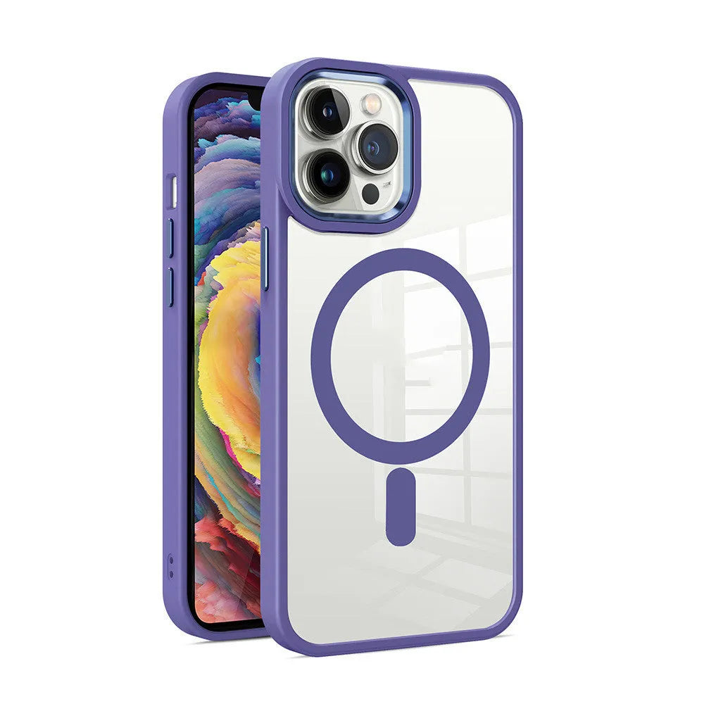 Transparent magnetic silicone phone case for iPhone showing compatibility with car mount and available in multiple colours