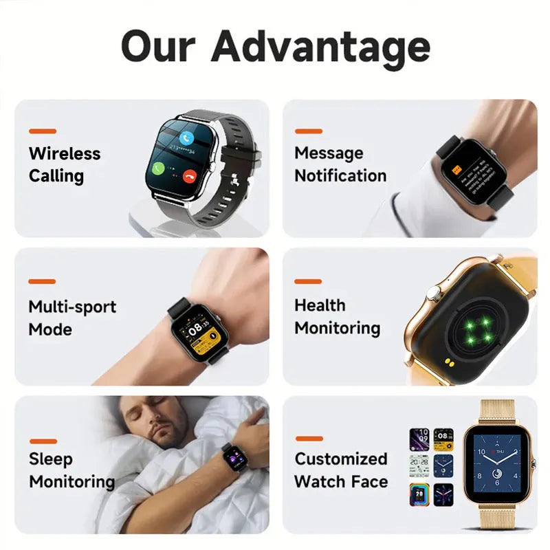 Smart watch with 1.44-inch touchscreen displaying health metrics and call interface