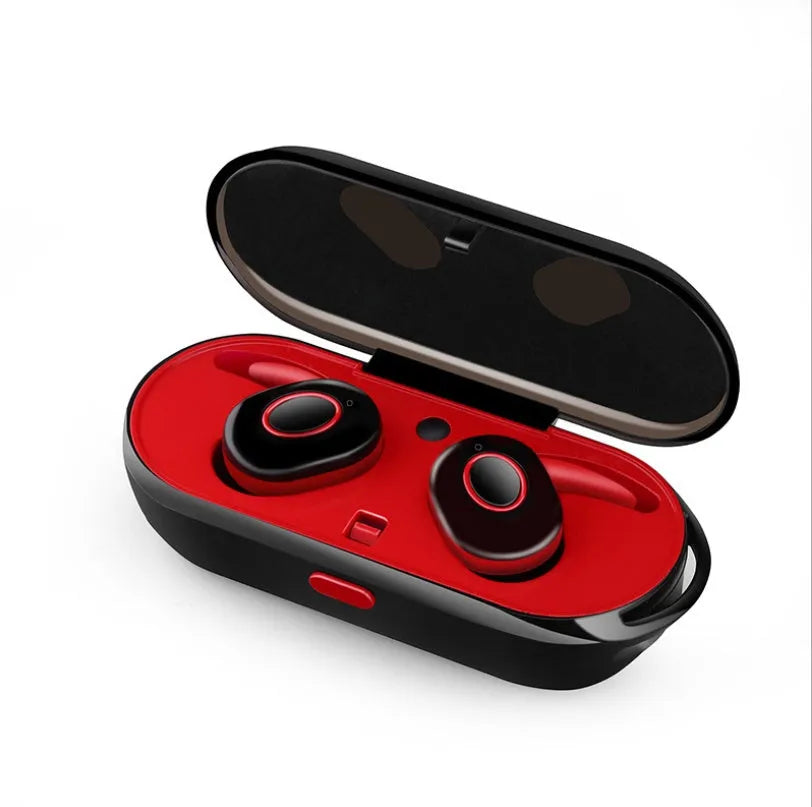 Compact wireless Bluetooth in-ear headphones in black, green, red, or white colours, designed for sports with noise reduction.