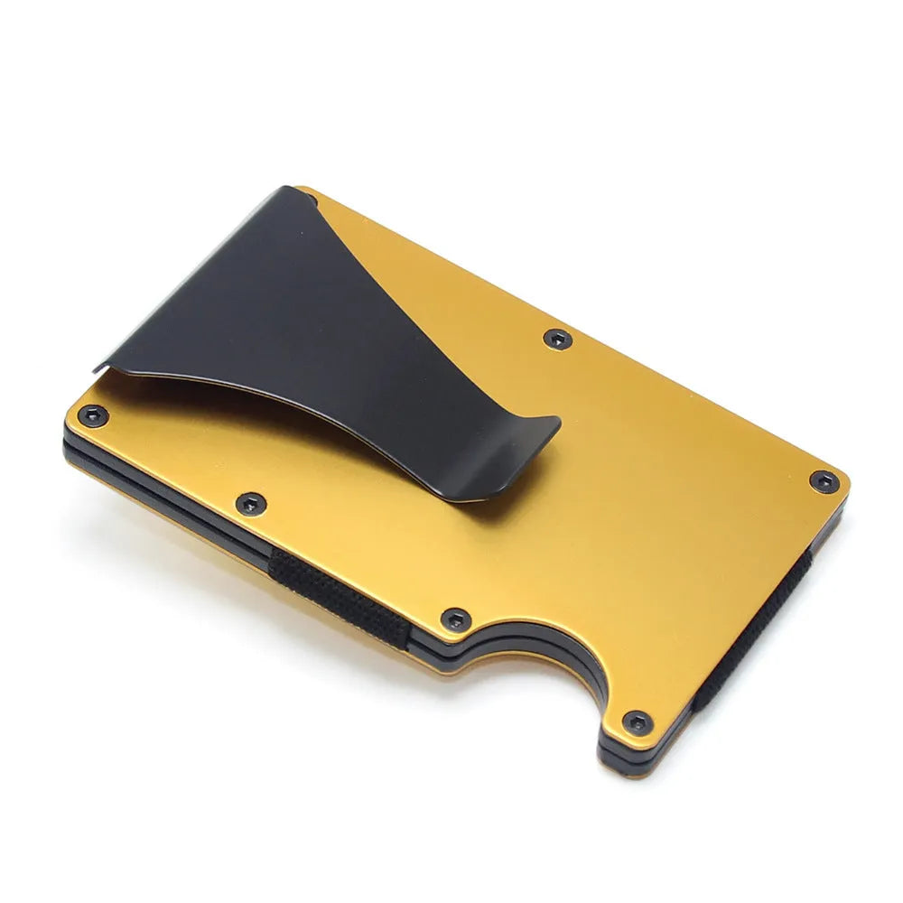 Carbon fibre geometric wallet card holder showing 8mm thickness holding multiple bank cards