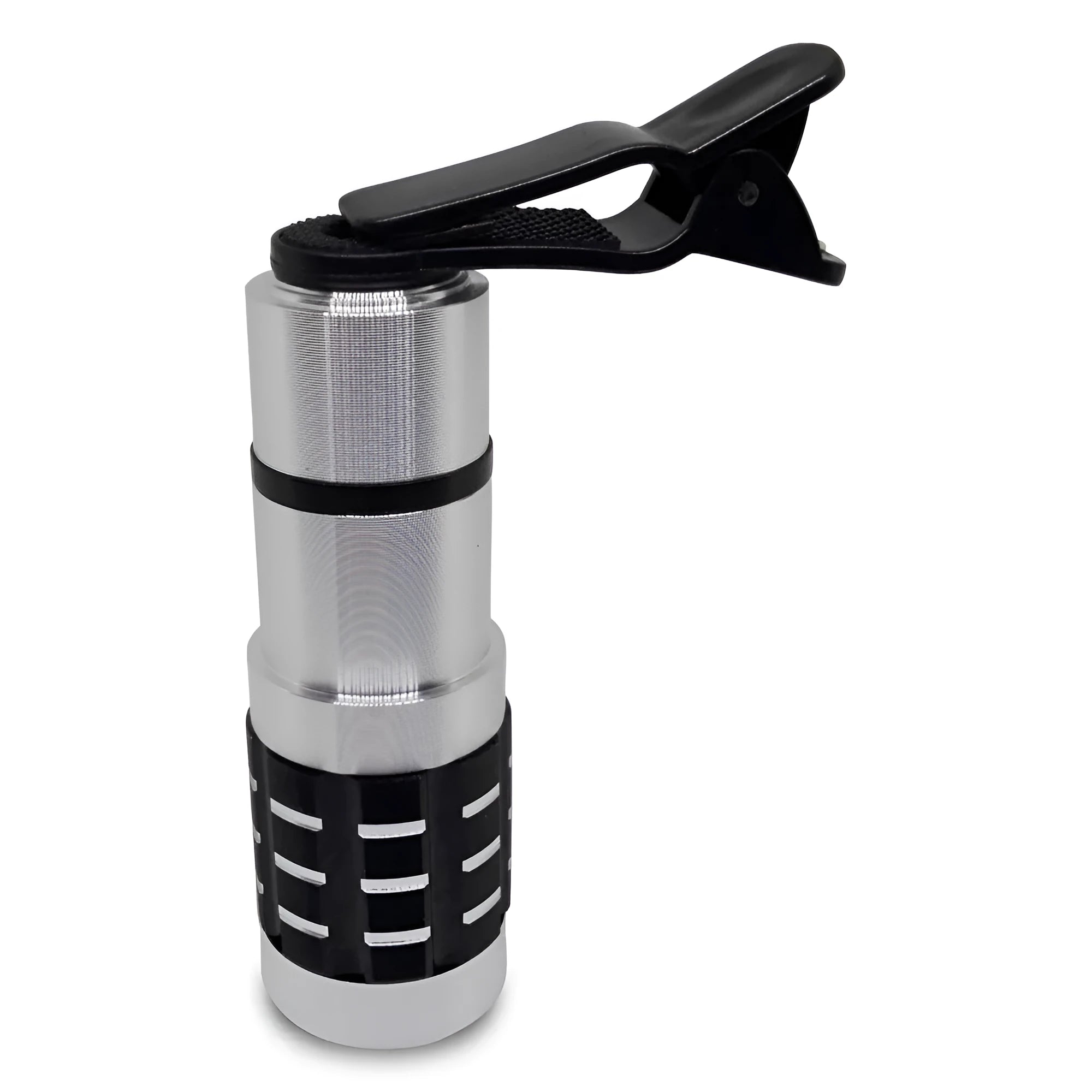 A long black telescopic lens with a universal collar clip for attaching to mobile phones.