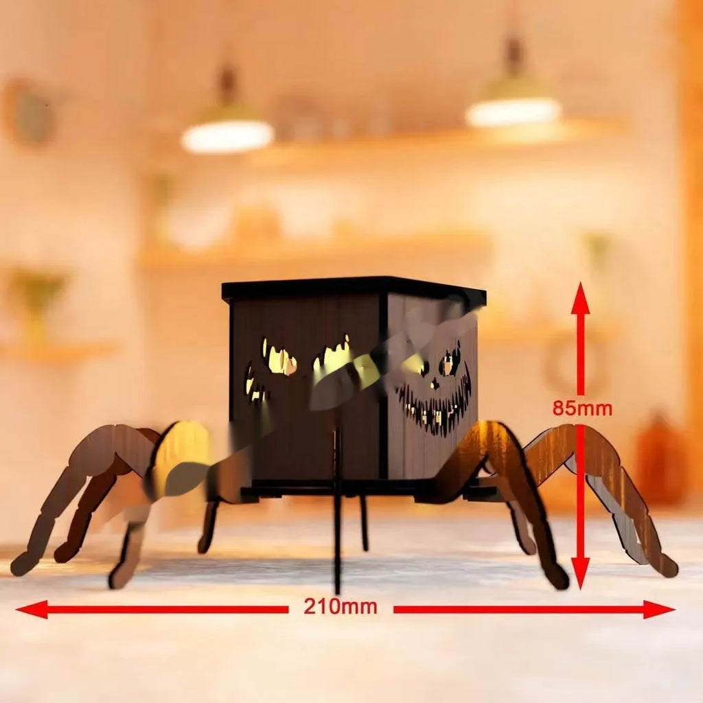 Wooden spider mini lantern candlestick Halloween decoration measuring 21 by 8.5 cm