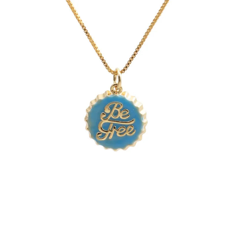 Copper bottle cap pendant necklace with 18K gold electroplated finish on a 40cm box chain