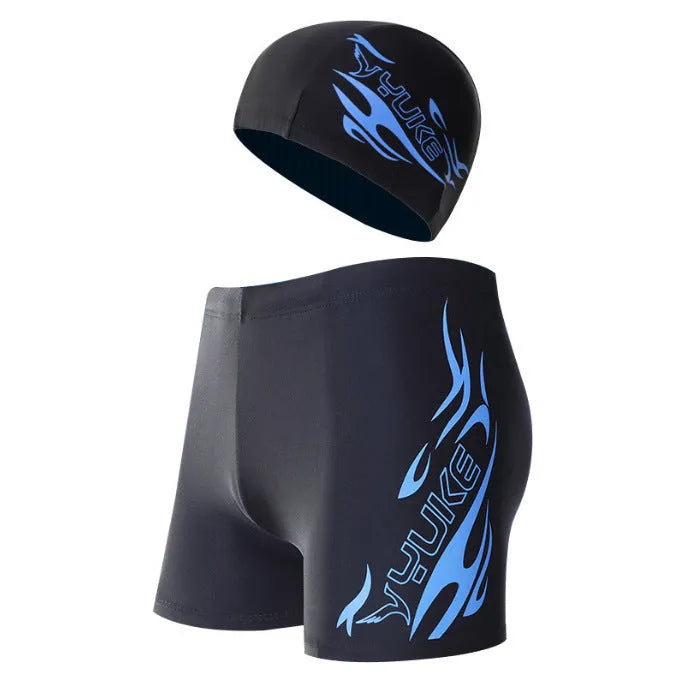 Men's plus size blue fire design boxer swimming trunks with matching swimming cap on a black background.