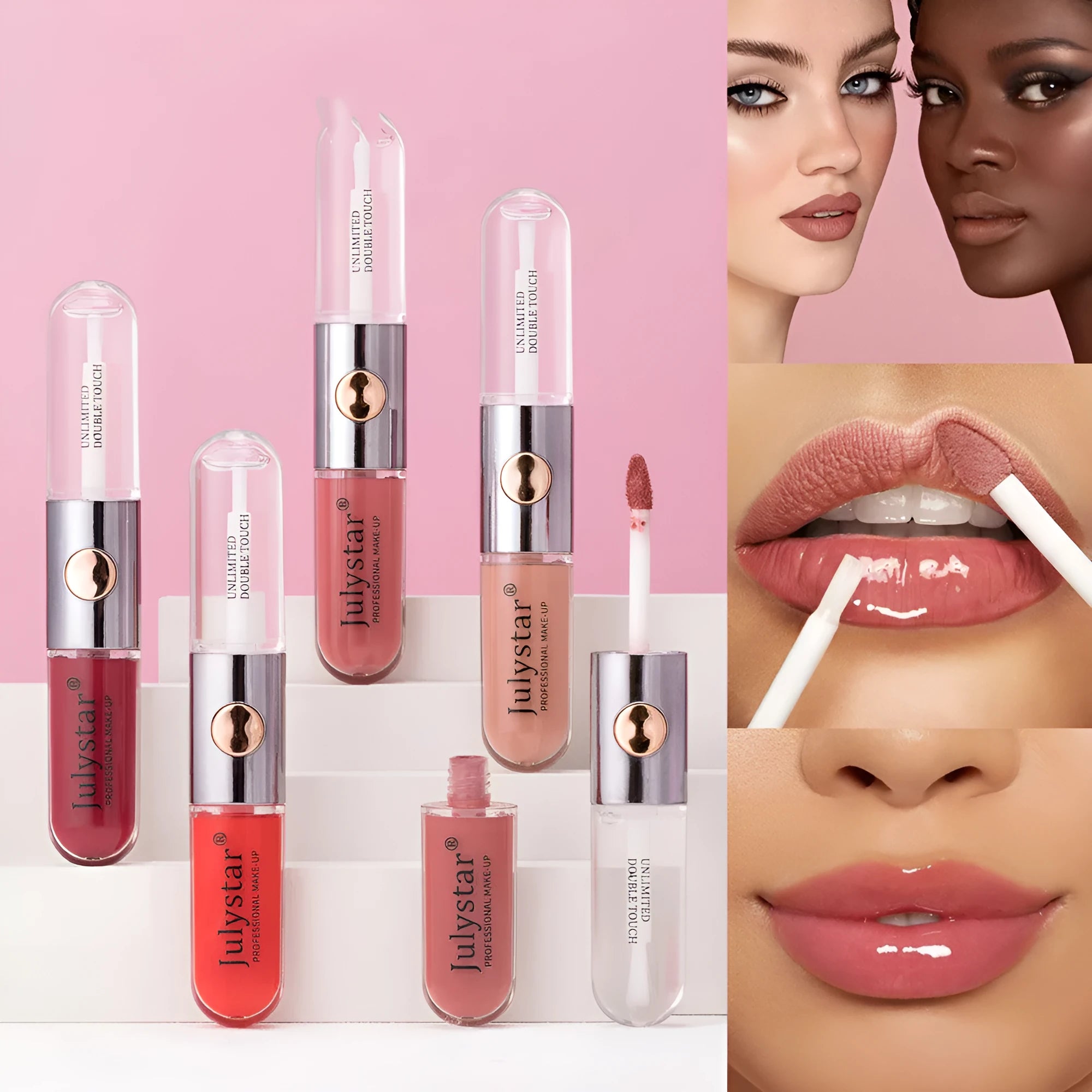 Women's lasting lip gloss tube showing moisturising formula in one of nine style shades with 6ml content